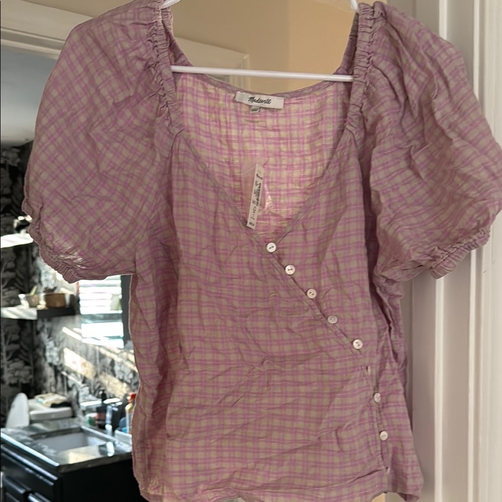 Madewell Pink Puff Sleeve Asymmetrical Blouse